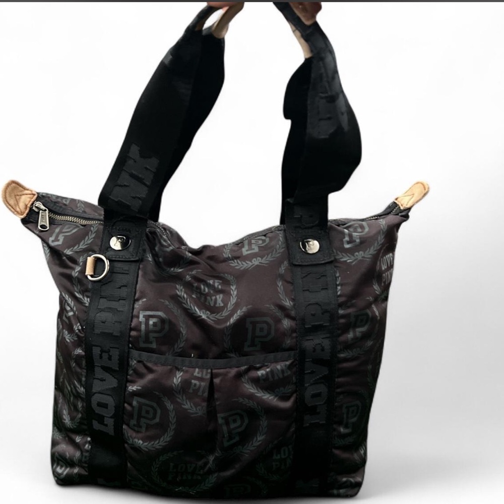 PINK Victoria's Secret Black Logo-Print Tote with Wide Straps